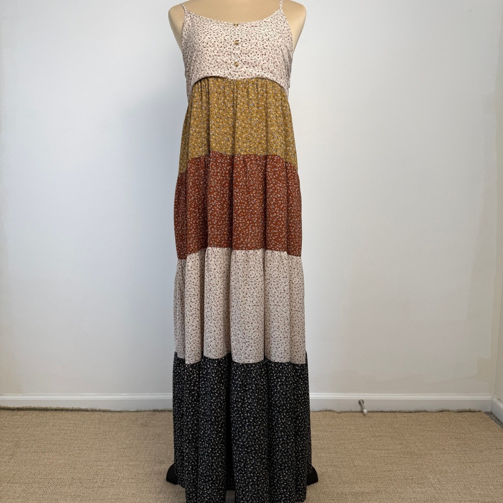 Akaiv‎ Tiered Floral Maxi Dress Womens Medium Earthy Multicolor Boho Prairie
